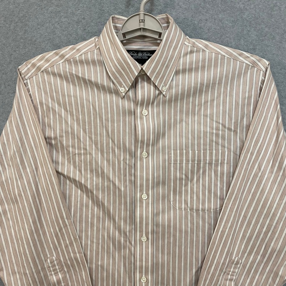 BROOKS BROTHERS Men's M Country Club Striped Tan White Cotton Button Up Shirt - Picture 3 of 7